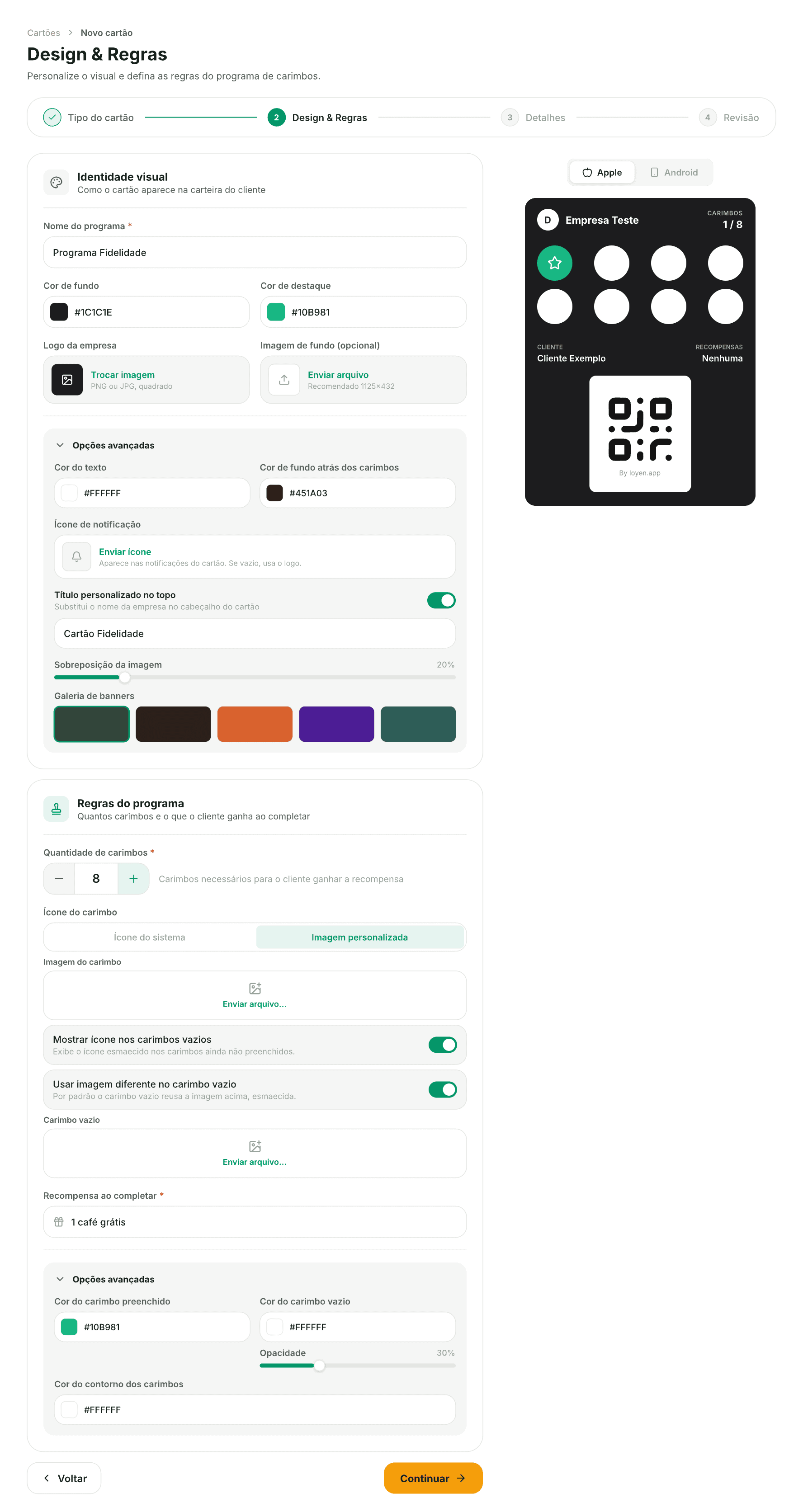 Tela de Design & Regras do backoffice da Loyen